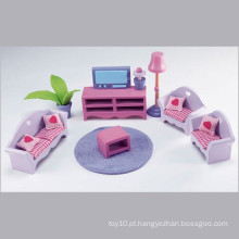 Casa de boneca de madeira rosa modelo de móveis em miniatura